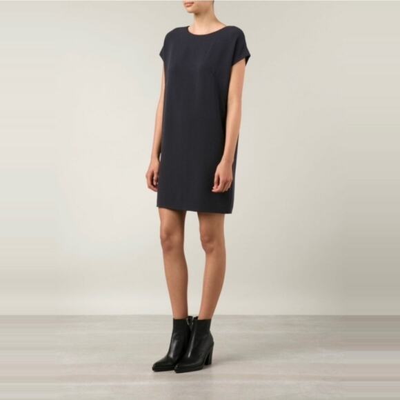 Vince Dresses & Skirts - Vince Leather Piped Crepe Shift Mini Tunic Dress size Medium Charcoal Black